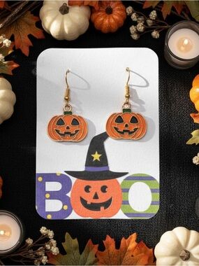 New Handmade Gold-Tone Jack-o-Lantern Dangle Earrings